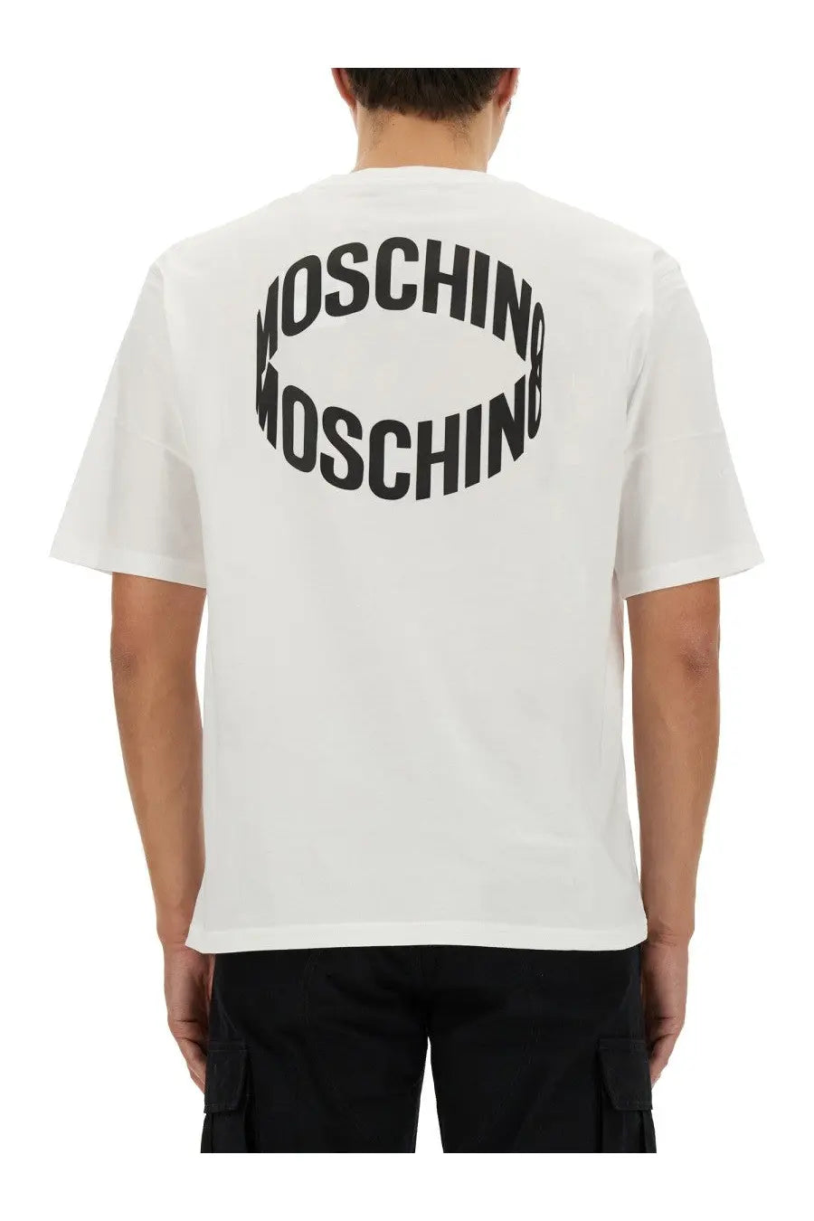 Back of moschino men’s white cotton t-shirt with bold black moschino logo in arched circular design