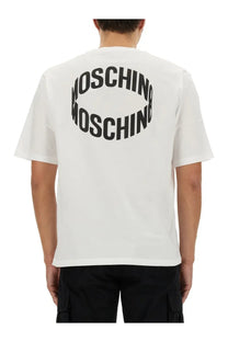 Back of moschino men’s white cotton t-shirt with bold black moschino logo in arched circular design