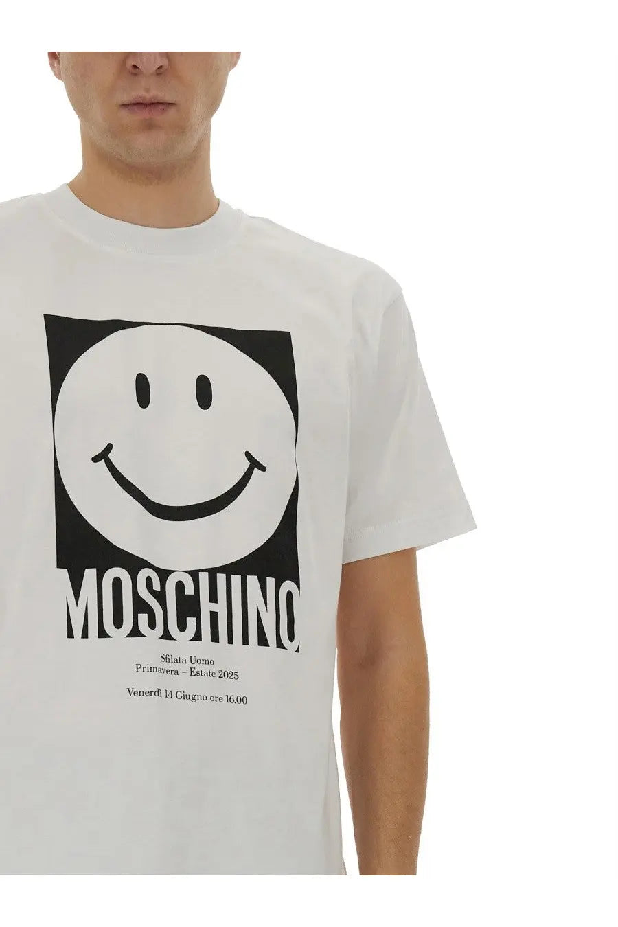 Moschino men’s white cotton t-shirt with bold black and white smiley face graphic and brand name below