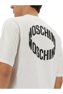 Back of a white moschino men’s t-shirt featuring a bold black moschino logo in an oval design