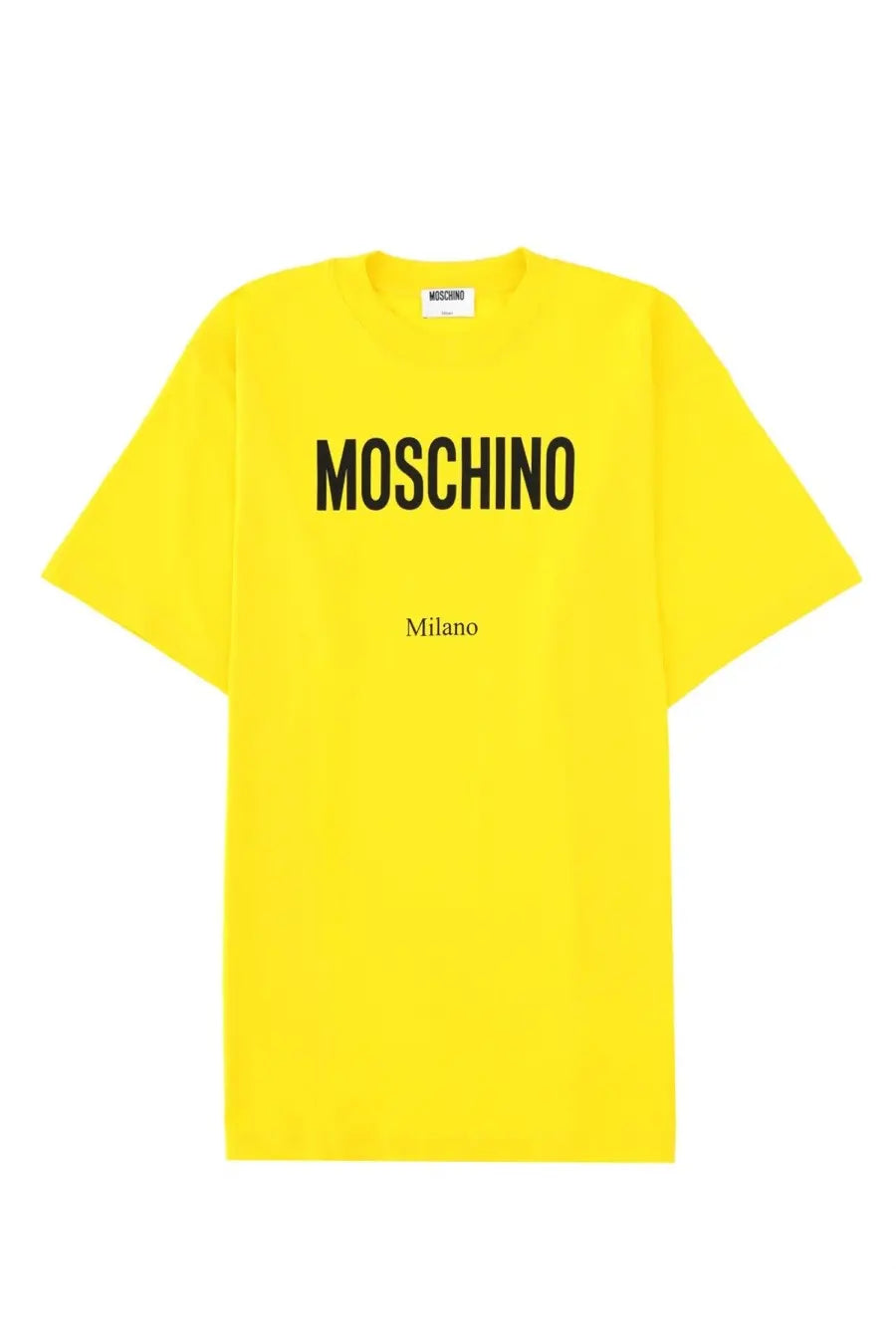 Bright yellow Moschino men’s t-shirt with bold black Moschino lettering and smaller Milano text, classic crew neck and short sleeves