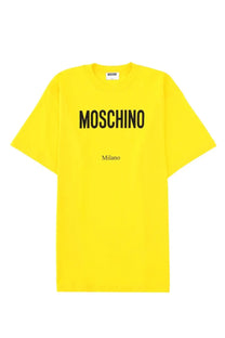 Bright yellow Moschino men’s t-shirt with bold black Moschino lettering and smaller Milano text, classic crew neck and short sleeves