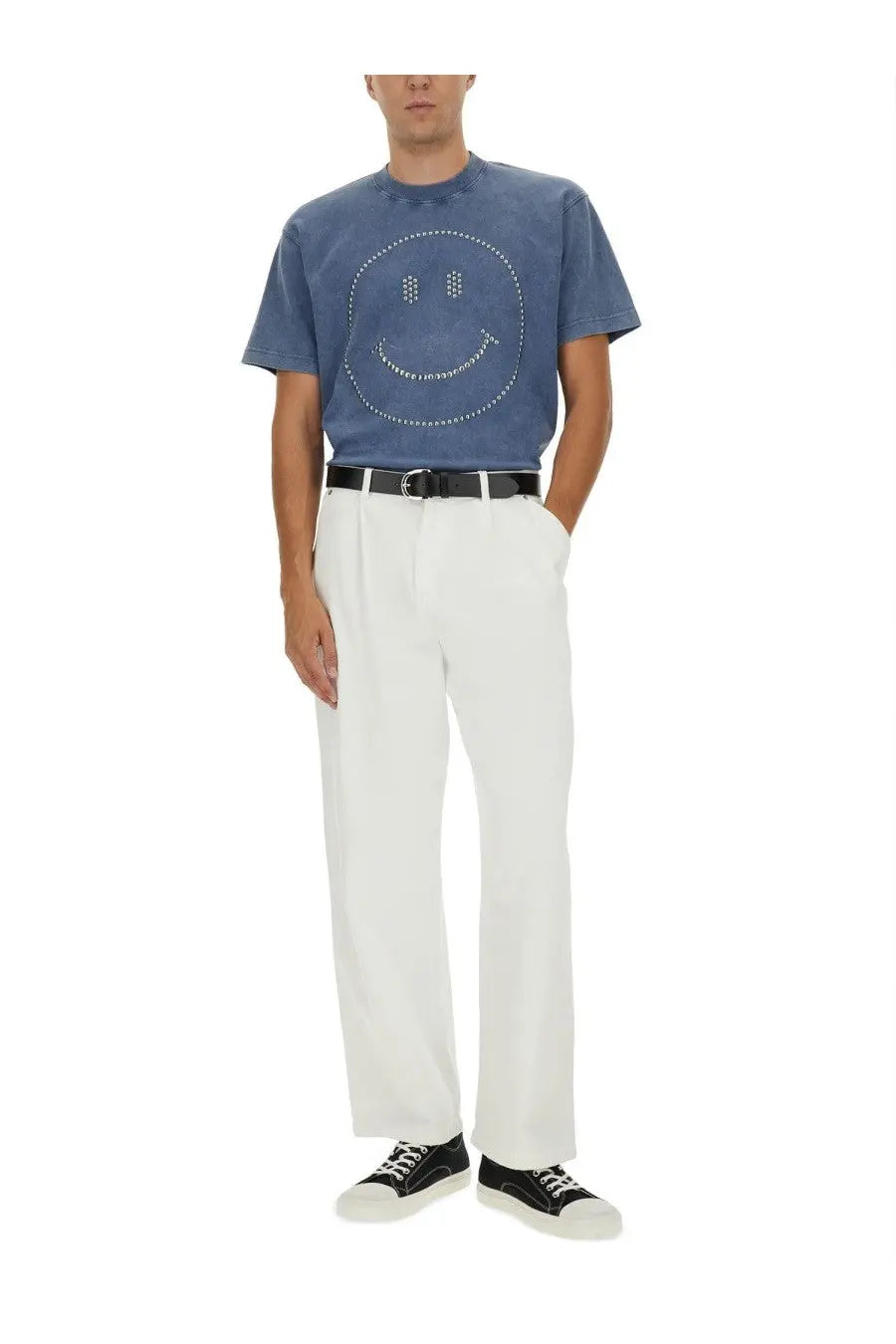 Moschino men’s blue denim heavy cotton t-shirt with a smiling face design outlined in white studs