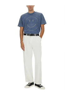 Moschino men’s blue denim heavy cotton t-shirt with a smiling face design outlined in white studs