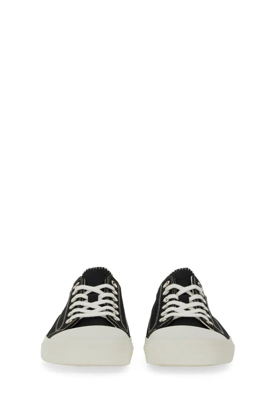 Moschino men’s sneaker edge black low-top canvas sneakers with white laces and thick off-white rubber sole