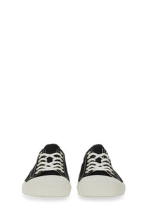 Moschino men’s sneaker edge black low-top canvas sneakers with white laces and thick off-white rubber sole