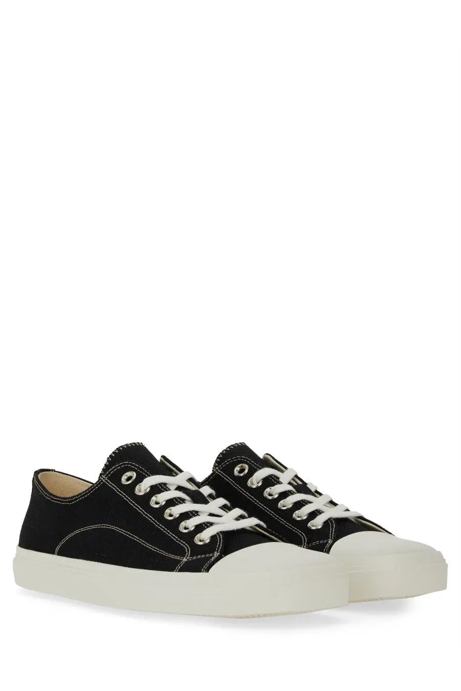 Moschino men’s sneaker edge black low-top canvas sneakers with white laces and thick off-white rubber sole