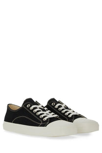 Moschino men’s sneaker edge black low-top canvas sneakers with white laces and thick off-white rubber sole