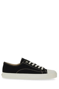 Moschino men’s sneaker edge black low-top canvas sneaker with white laces and off-white rubber toe cap and sole