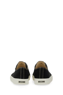 Moschino men’s sneaker edge black slip-on sneakers with white rubber soles and contrasting stitching