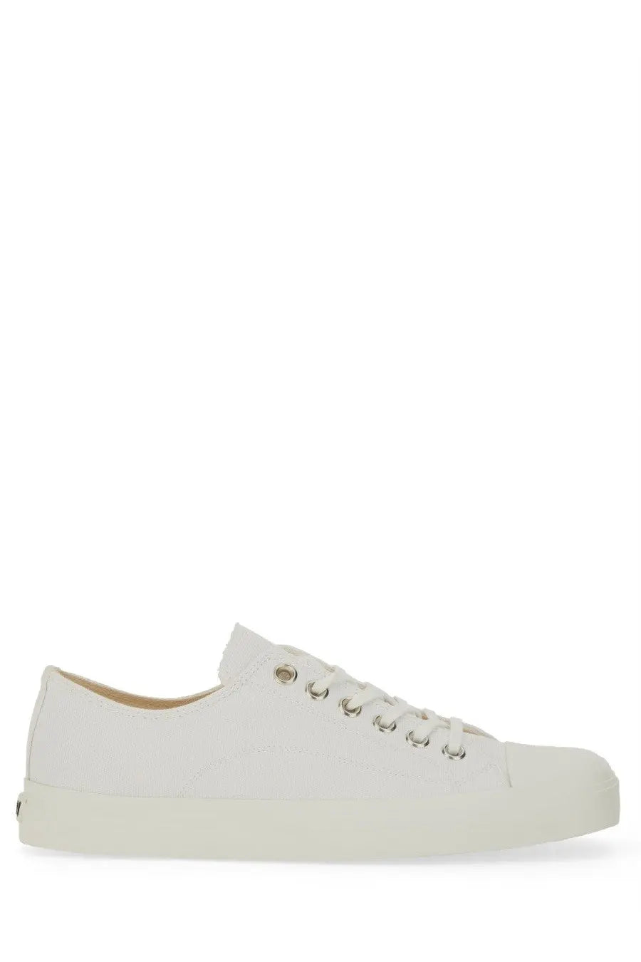 Moschino men’s sneaker edge white low-top canvas sneaker with silver eyelets and white rubber sole