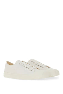 Moschino men’s sneaker edge cream-colored canvas low-top sneakers with white laces and silver eyelets