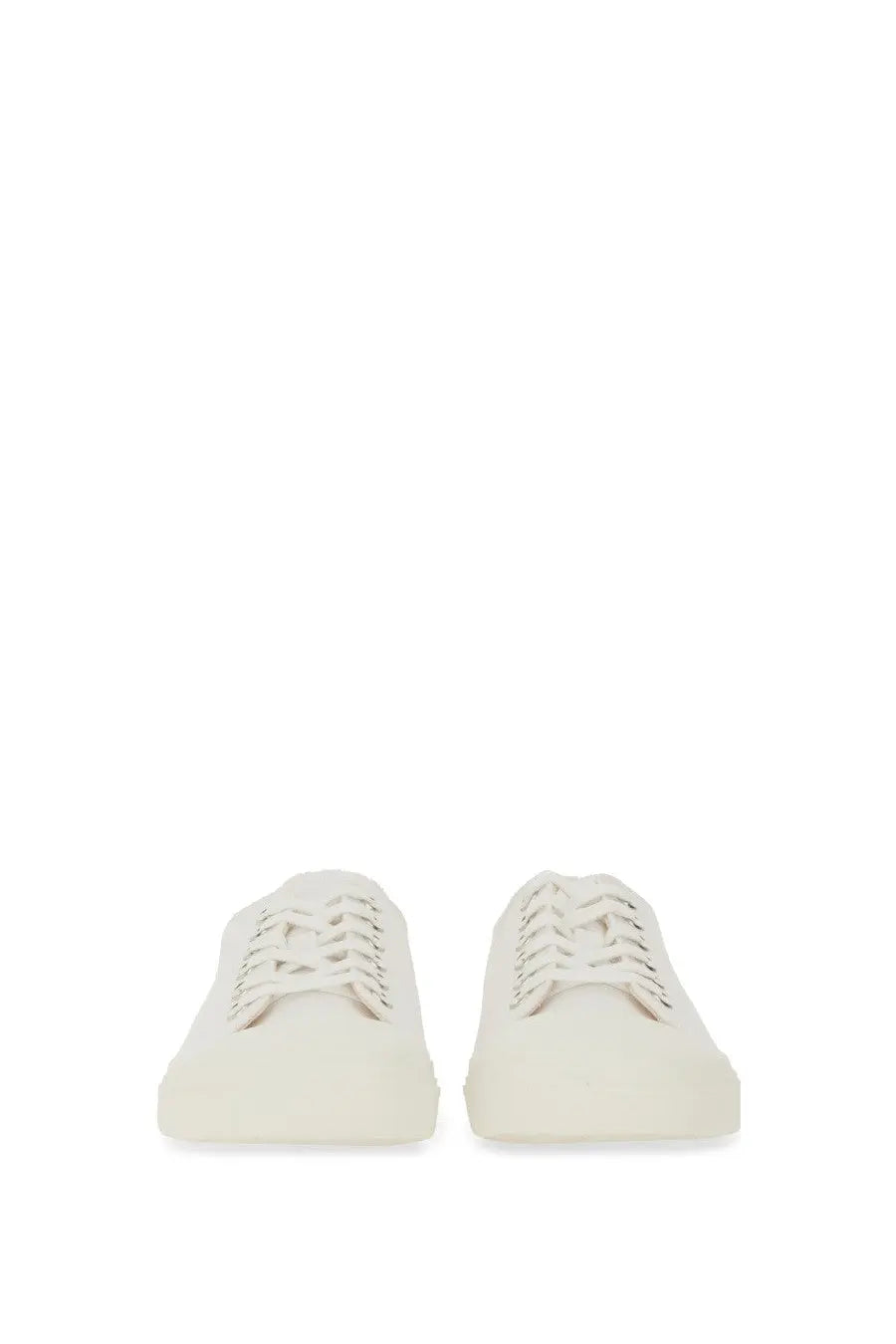 Moschino men’s sneaker edge white cream-colored canvas sneakers with white laces and minimalist design