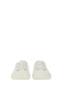 Moschino men’s sneaker edge white cream-colored canvas sneakers with white laces and minimalist design