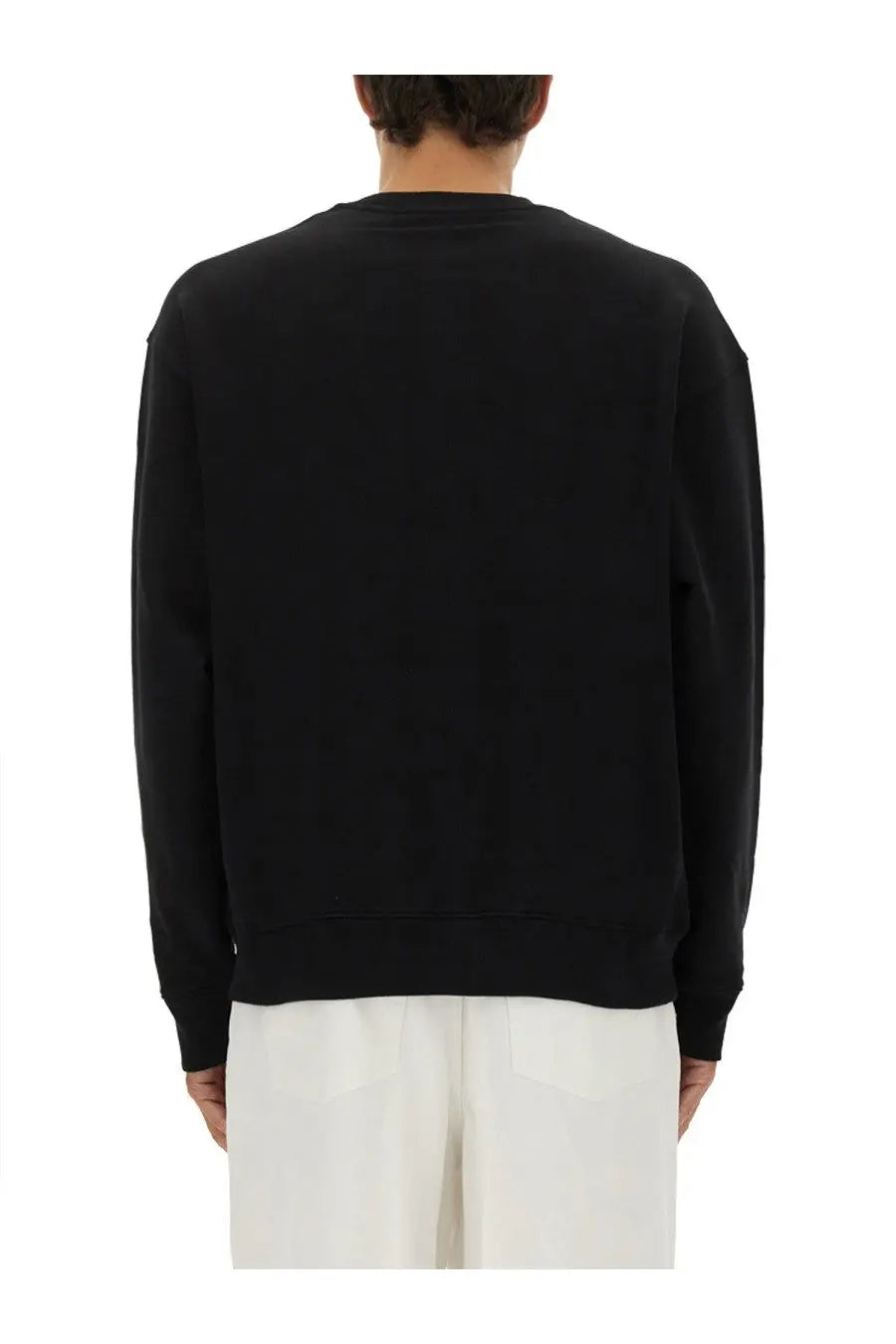 Moschino men’s black crewneck sweatshirt with long sleeves and ribbed cuffs made from soft fabric