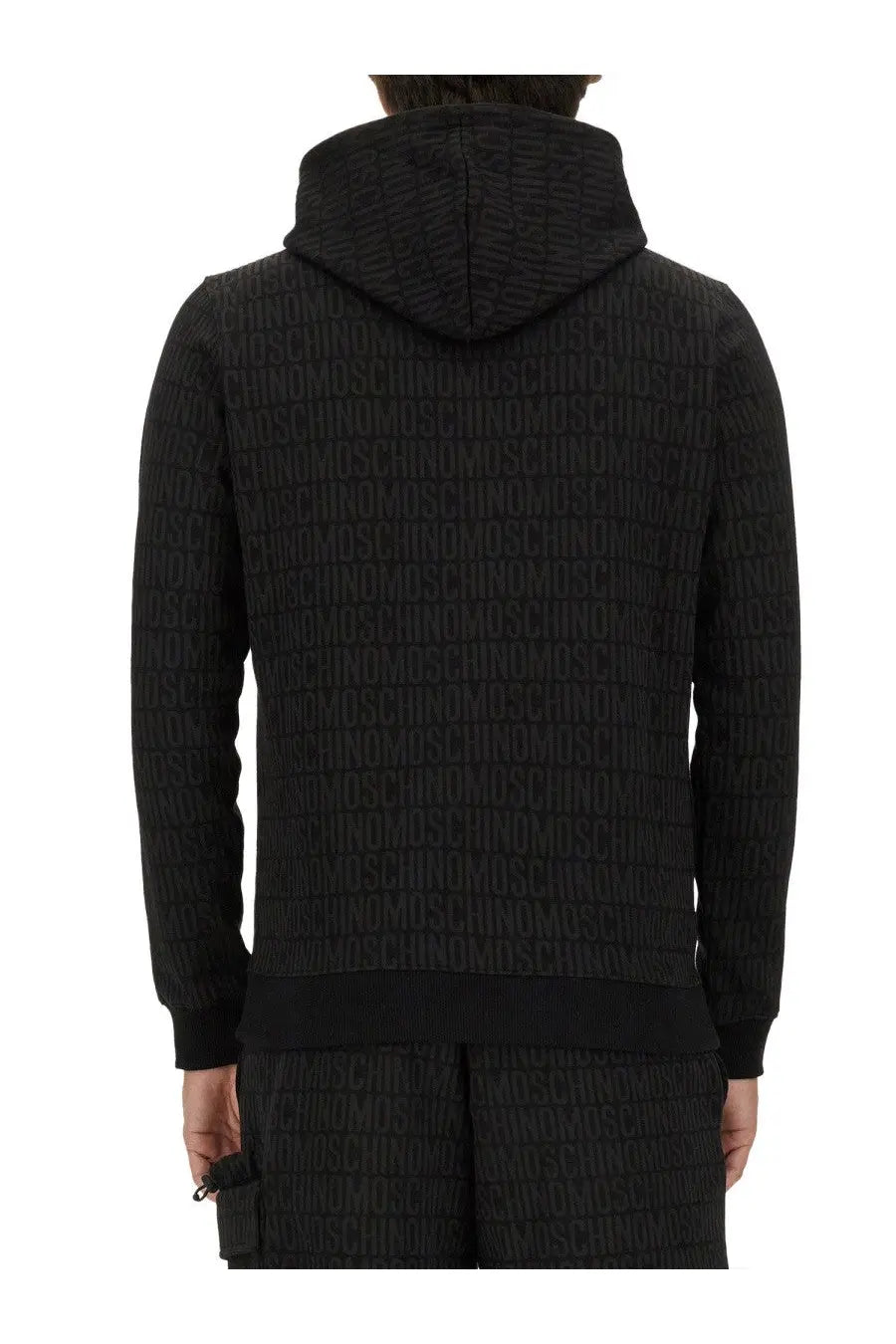 Black Moschino men’s hooded sweatshirt with all-over embossed logo pattern in a soft fabric for casual wear