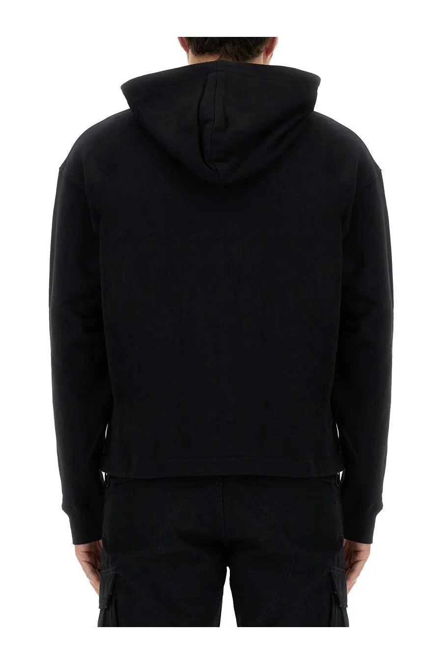 Moschino men’s black hooded sweatshirt with minimalist design and ribbed cuffs in soft cotton material