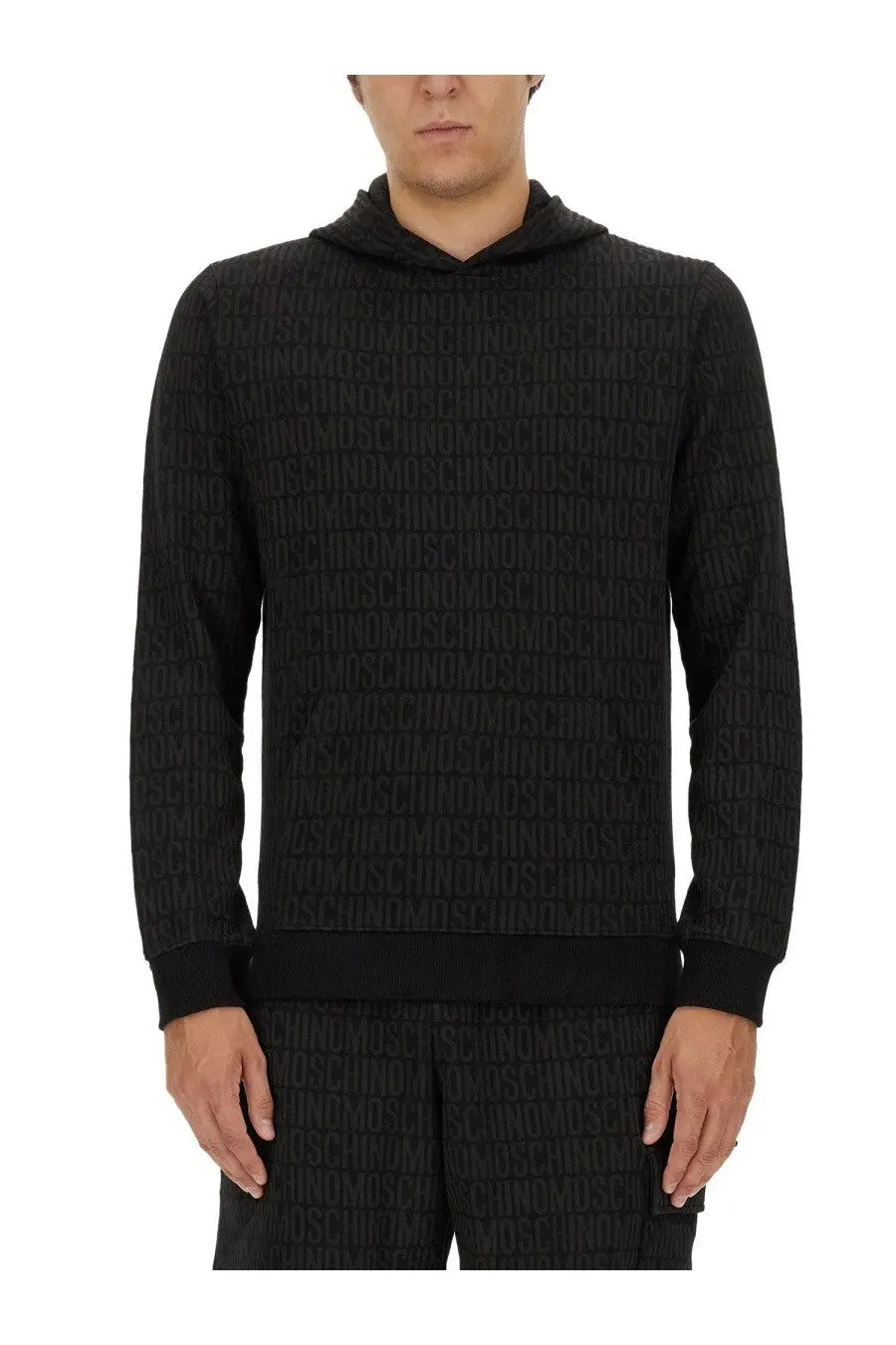 Black moschino men’s sweatshirt hoodie with all-over raised textured moschino logo print pattern