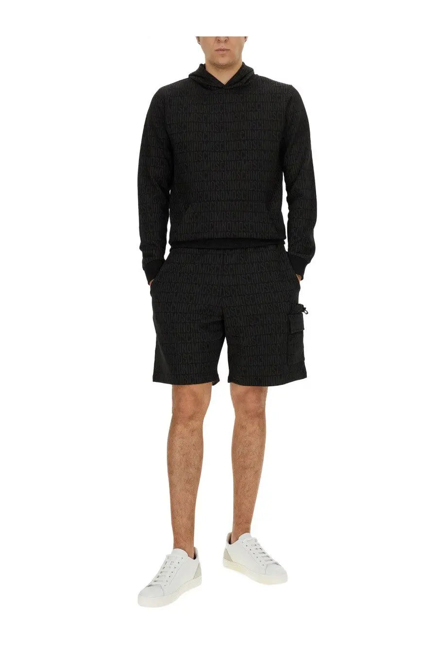 Black textured Moschino men’s sweatshirt hoodie and matching shorts set made of comfortable fabric for casual wear