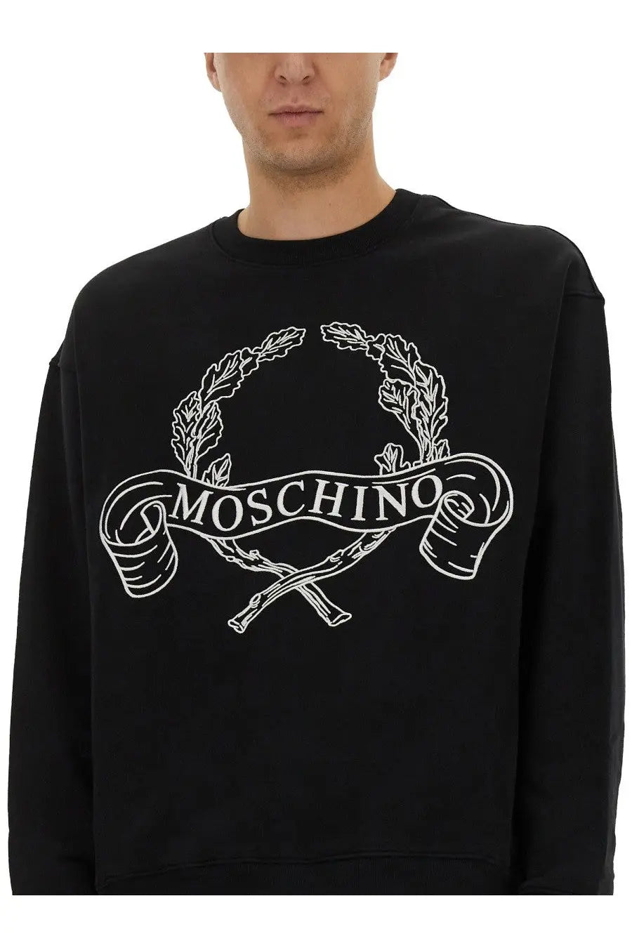 Moschino men’s sweatshirt in black featuring a white embroidered logo with laurel wreaths and crossed sticks