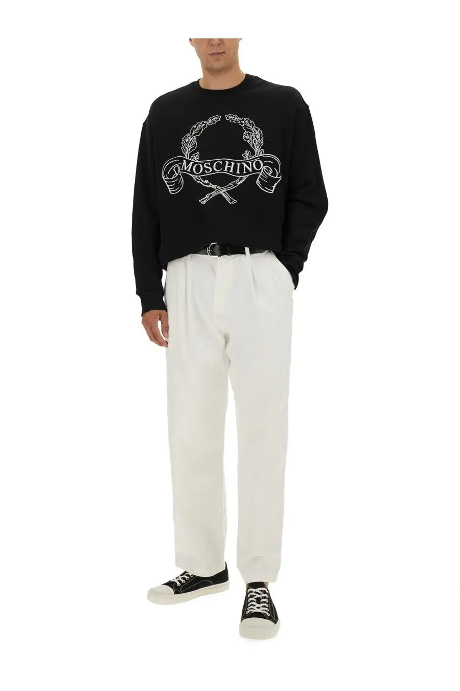 Moschino men’s black sweatshirt featuring a white embroidered logo with crossed swords and laurel wreaths