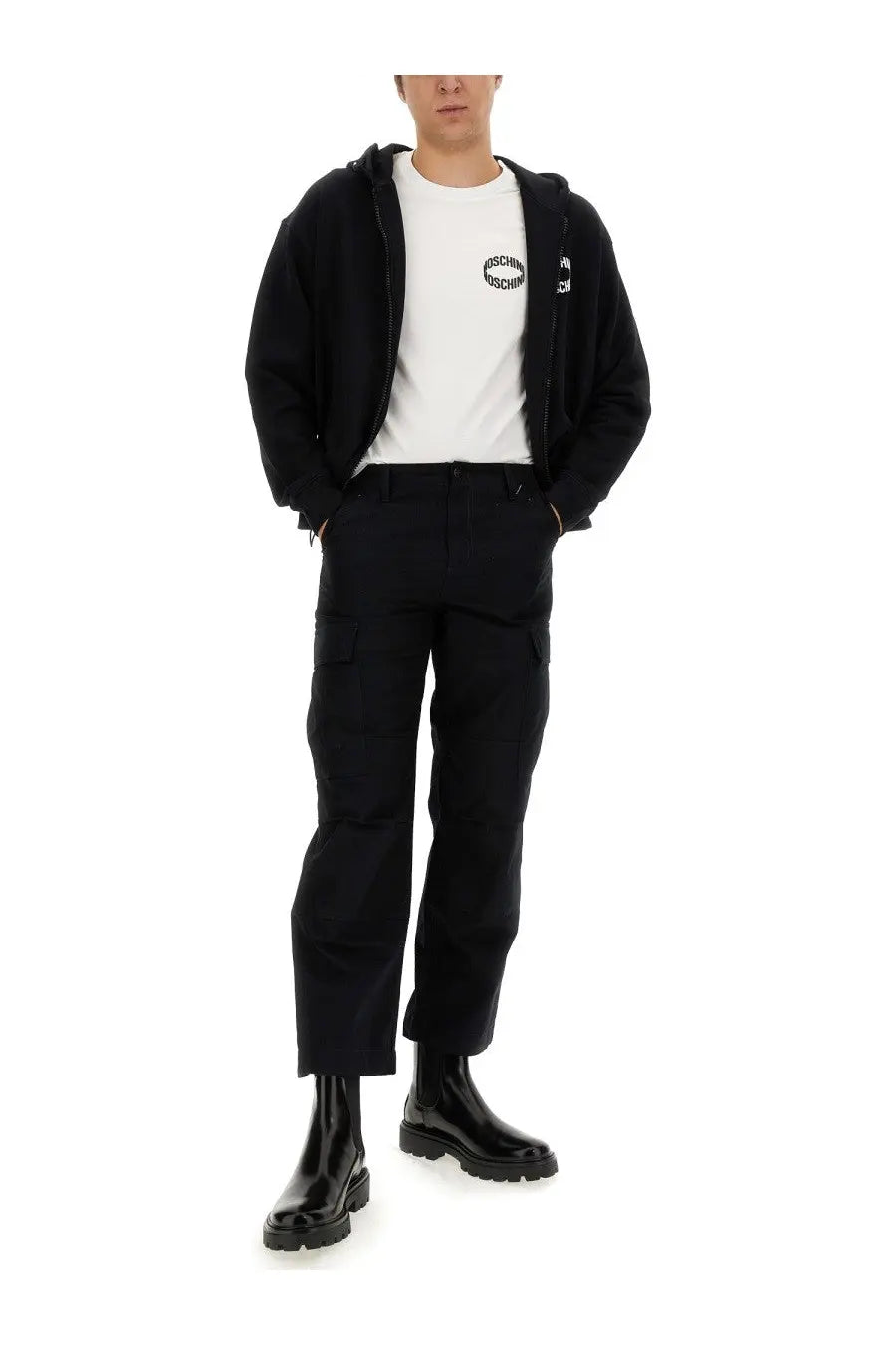 Moschino men’s black zip-up hoodie with subtle chest logo made from comfortable sweatshirt material