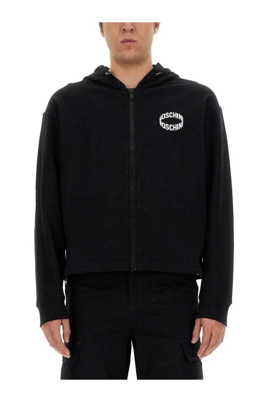 Moschino men’s black zip-up hoodie with white arched embroidered logo on chest in cotton blend material
