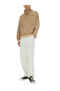 Moschino men’s brown sweatshirt beige hooded with drawstring front pocket and small embroidered chest logo