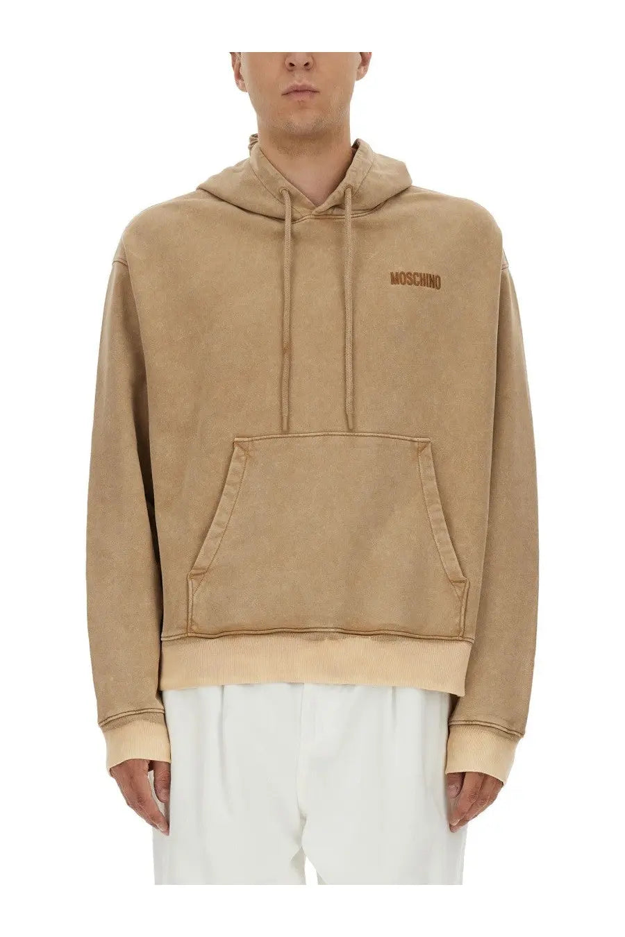 Beige moschino men’s sweatshirt with subtle faded texture and matching drawstrings in brown tone
