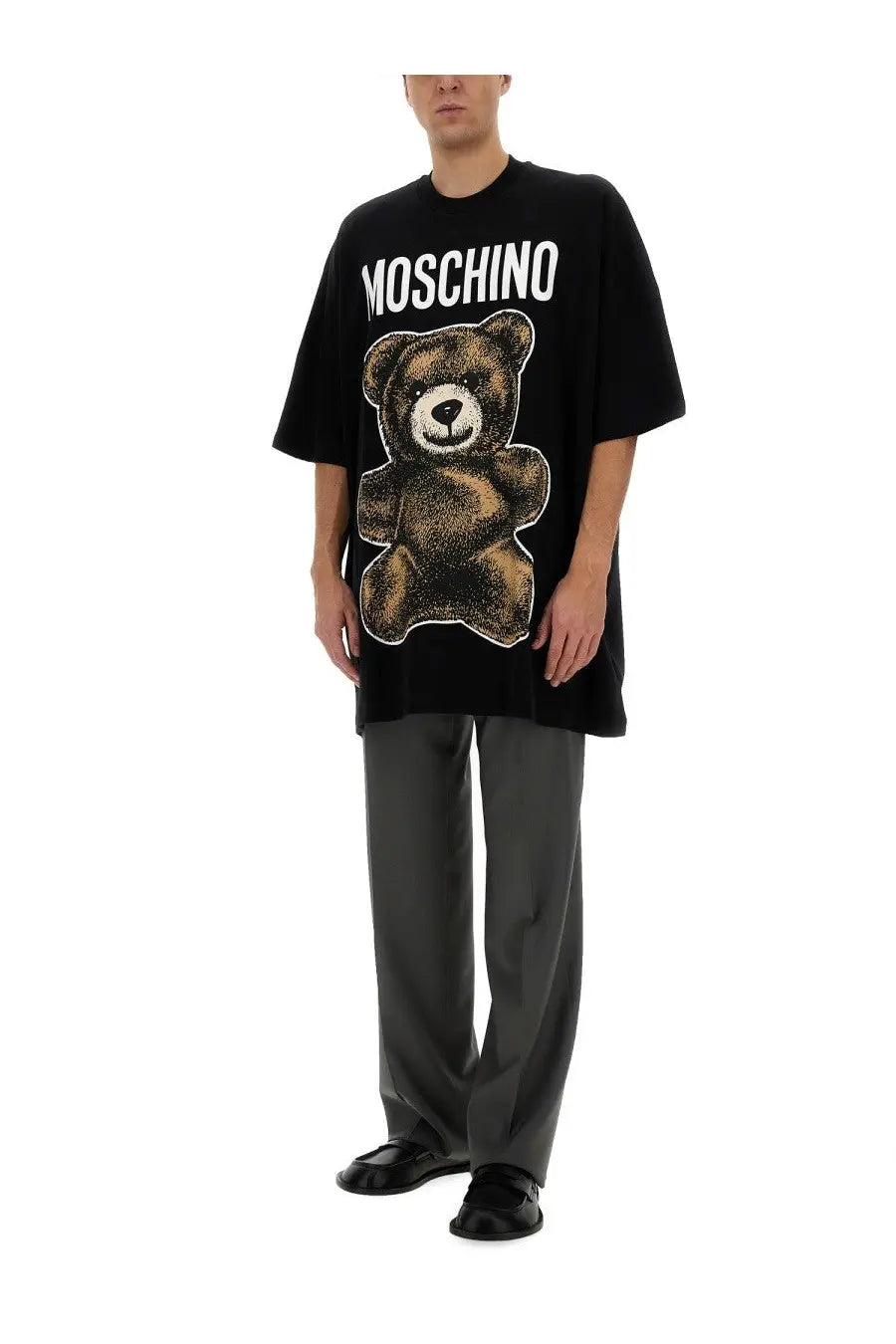 Black Moschino men’s oversized t-shirt with a brown teddy bear graphic and white stitching details