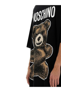 Moschino men shirt black featuring a large detailed brown teddy bear graphic with white outline and brand name above