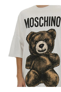 White Moschino men’s t-shirt featuring a large brown teddy bear graphic with black outlined details
