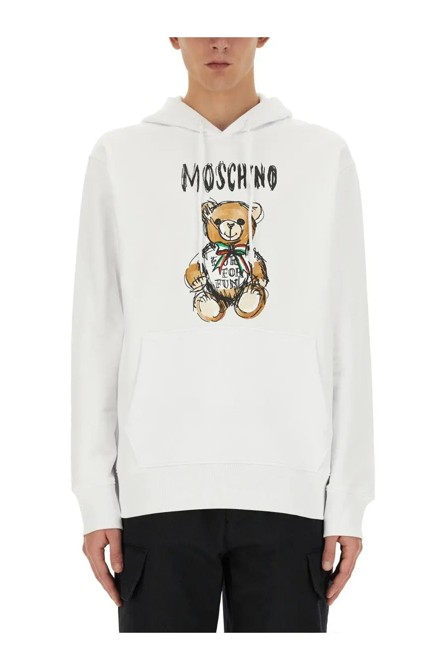 Moschino men’s white cotton hoodie with teddy bear print for fun text and rainbow ribbon detail on front