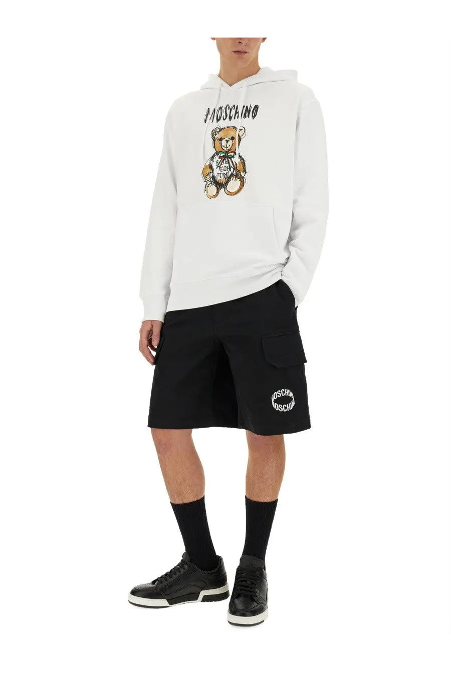 White Moschino men’s hoodie with teddy bear graphic and brand name printed on the front in cotton material
