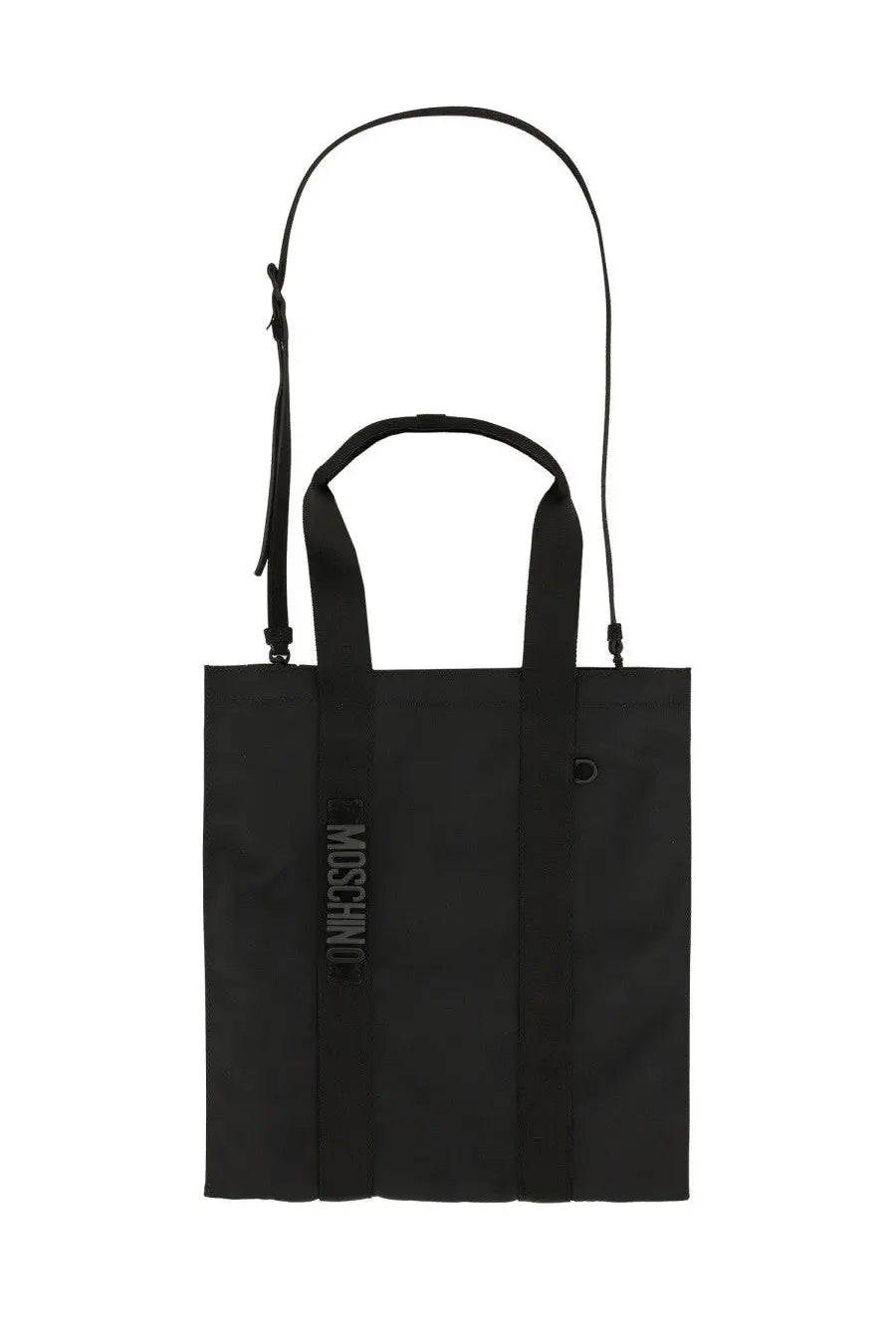 Black Moschino men’s tote bag with sleek minimalist design and vertical branding on the side