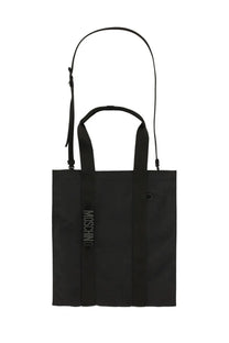 Black Moschino men’s tote bag with sleek minimalist design and vertical branding on the side