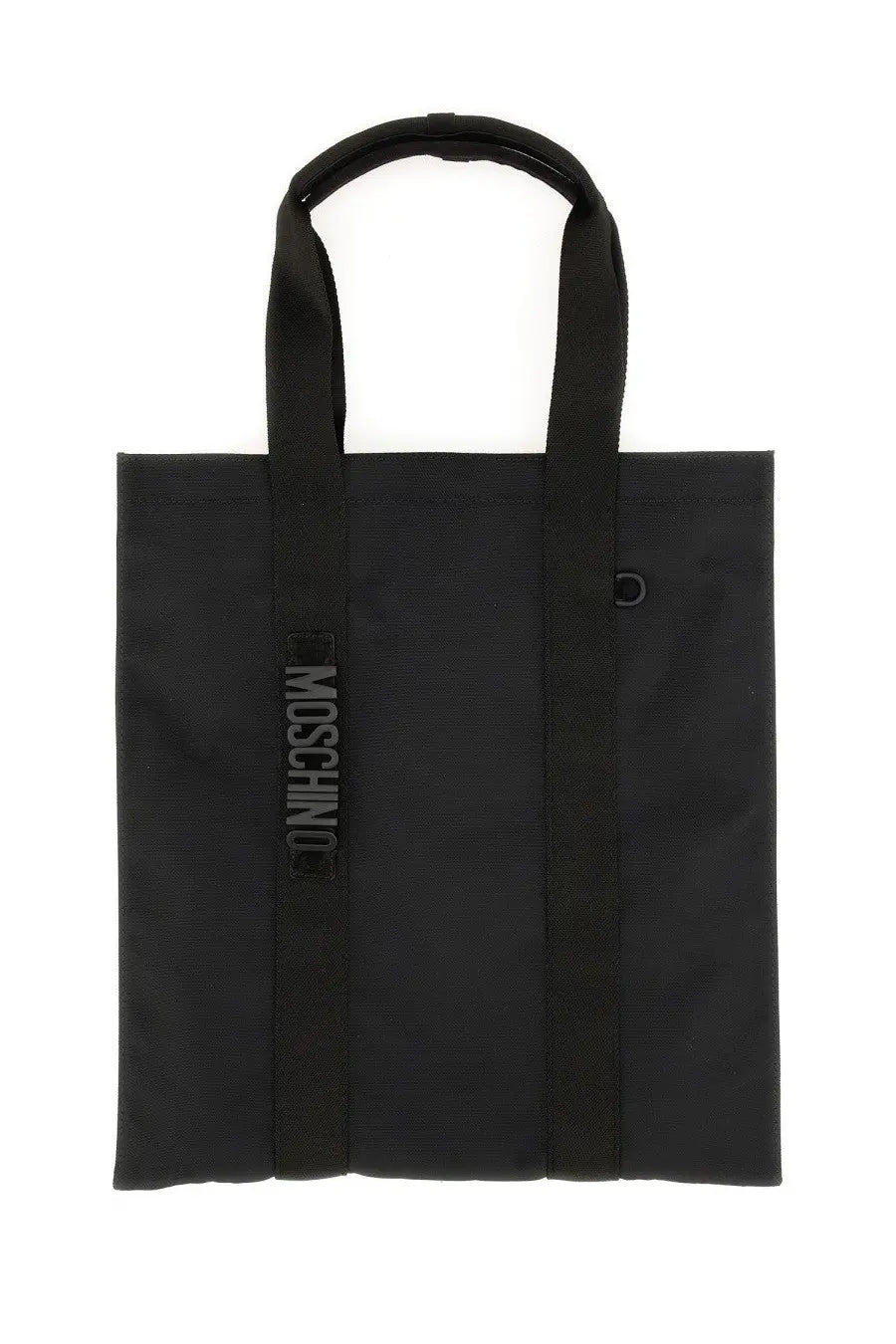 Moschino men’s black tote bag with textured fabric body and matching handles featuring vertical embossed logo