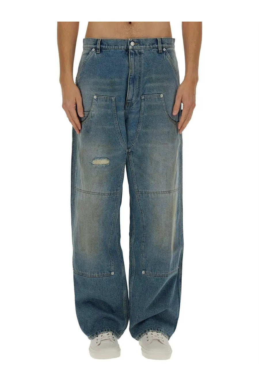 Moschino men’s wide leg blue denim jeans with a distressed faded wash and visible stitching details