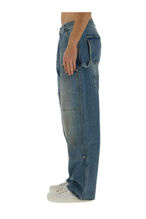 Moschino men’s blue denim jeans with a relaxed wide-leg cut and multiple pockets for casual wear