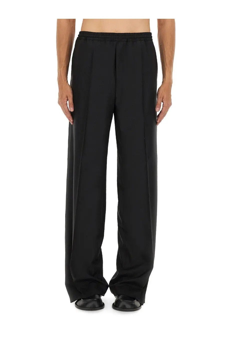 Moschino men’s black wool canvas wide-leg pants with smooth fabric and elastic waistband front view