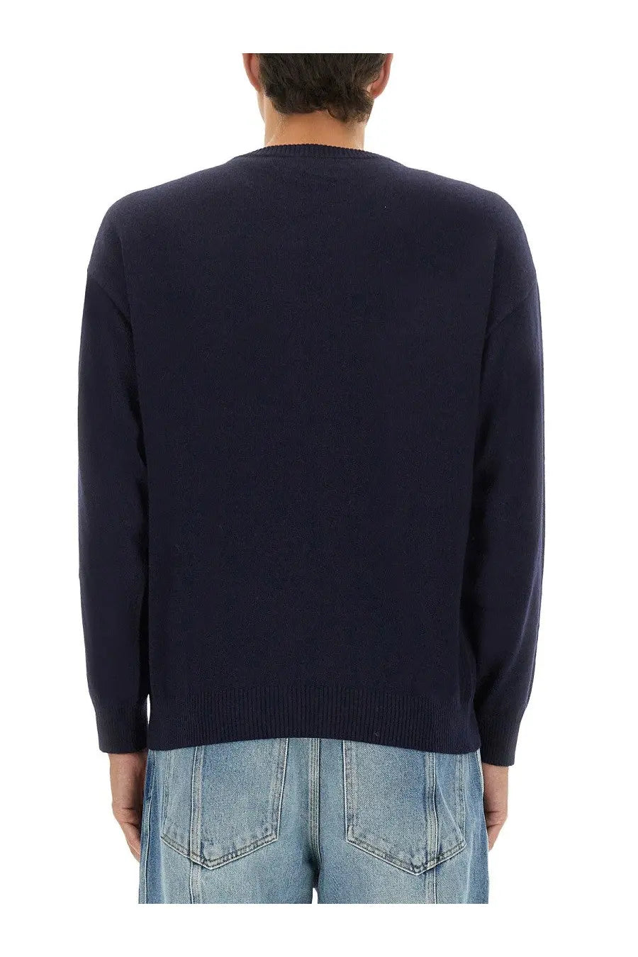 Navy blue knit sweater featuring wool and cashmere blend in moschino men’s pullover design