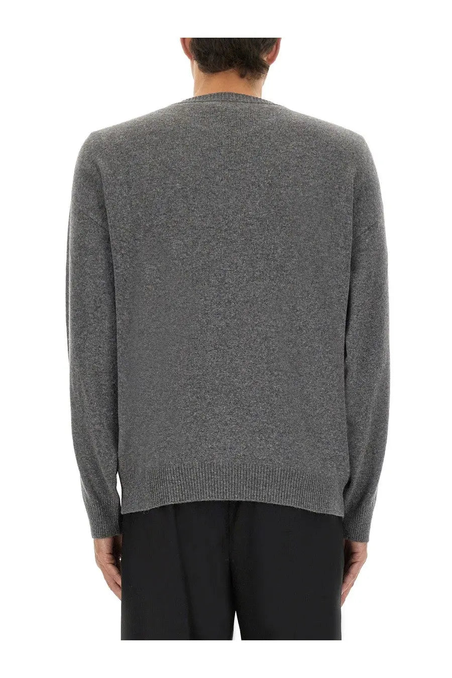 Moschino men’s wool and cashmere pullover grey heather knit sweater with ribbed crew neckline and cuffs