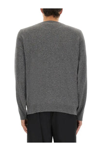 Moschino men’s wool and cashmere pullover grey heather knit sweater with ribbed crew neckline and cuffs