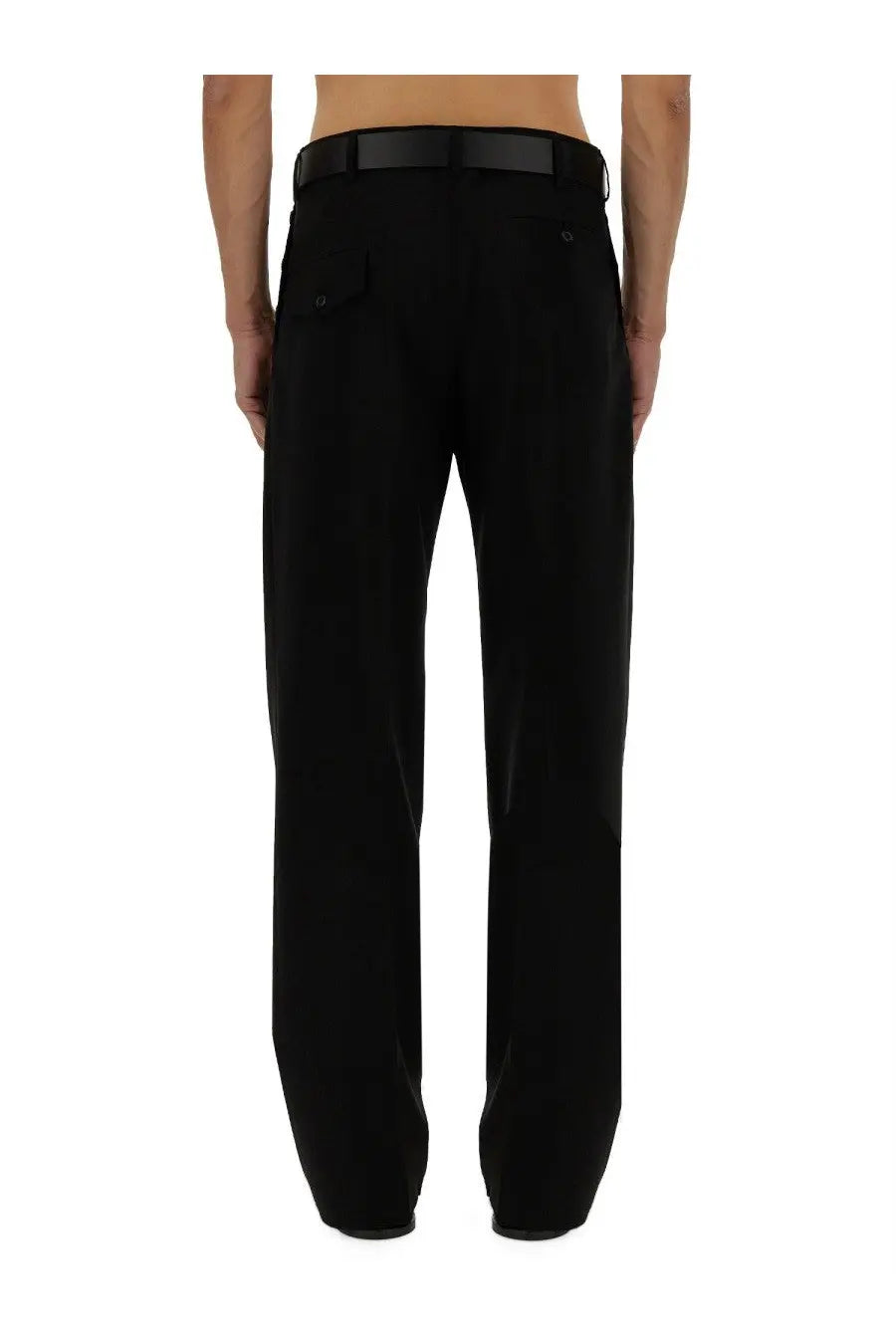 Moschino men’s black wool tailored trousers with a sleek straight-leg cut and subtle vertical pleats