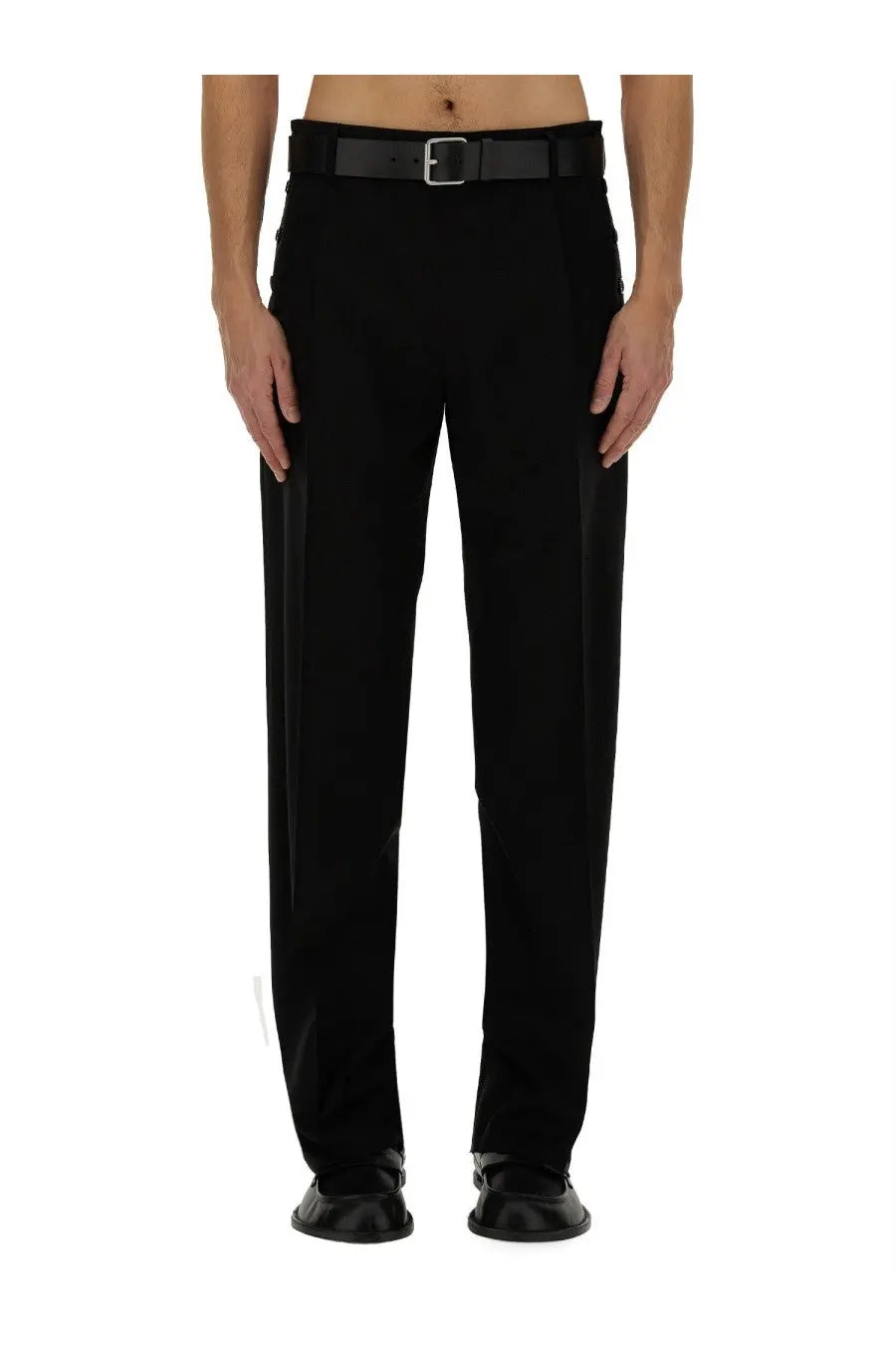 Moschino men’s black wool pants with sleek straight-leg cut and subtle side seams tailored for a sharp look
