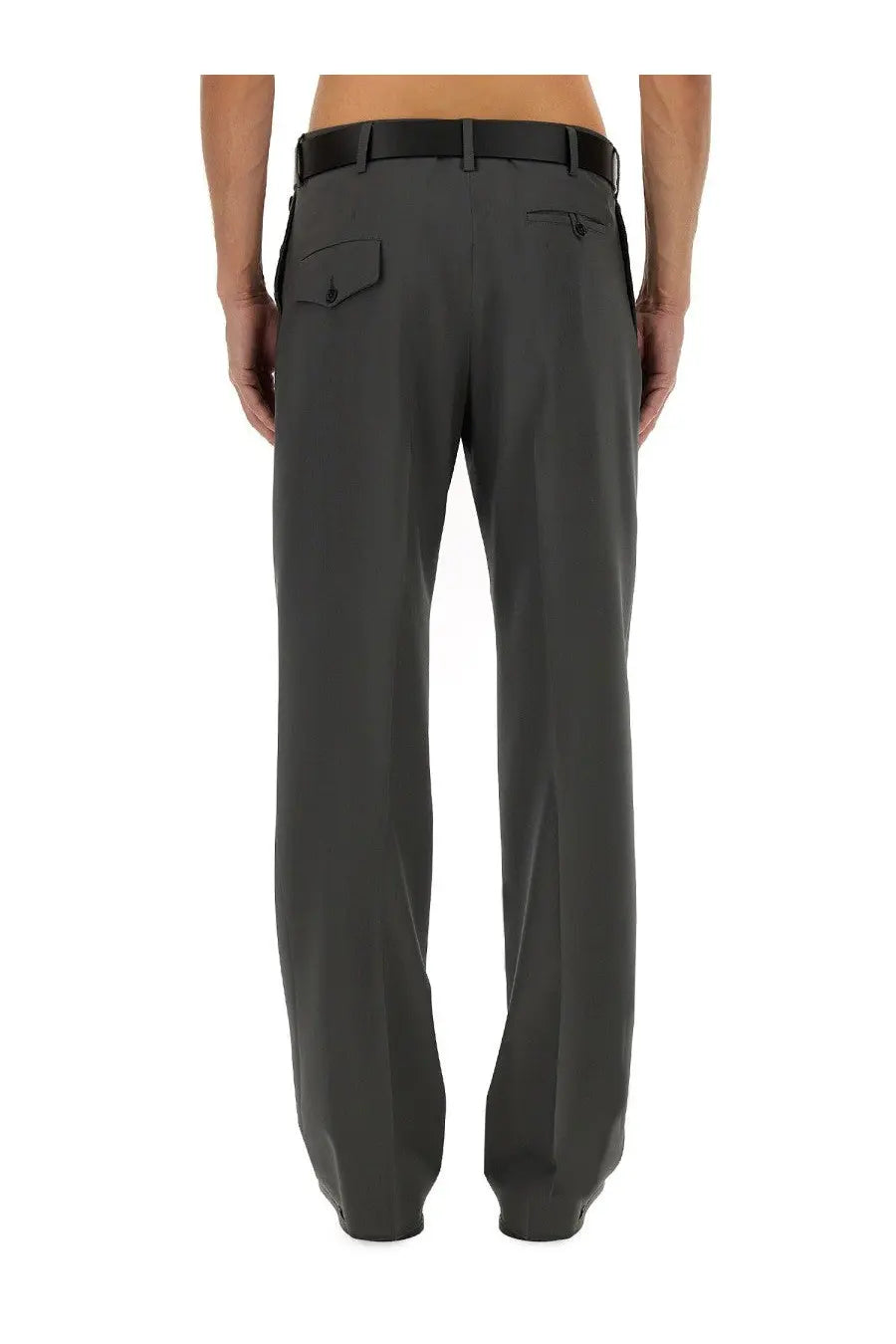 Dark gray tailored moschino men wool pants with sleek straight-leg cut and subtle waistband pleats