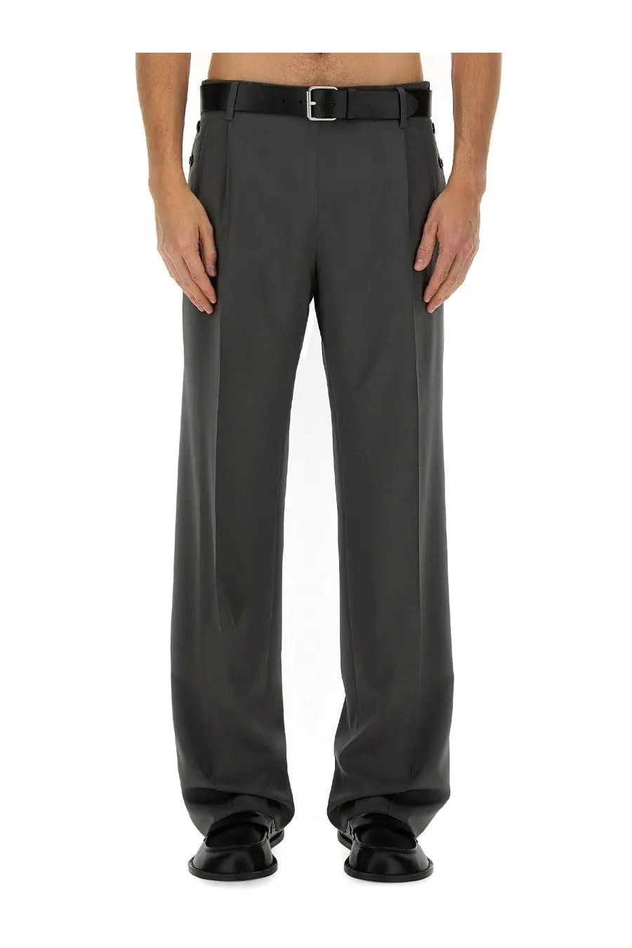 Moschino men’s wool pants grey dark gray tailored trousers with sleek straight-leg cut and subtle front pleats