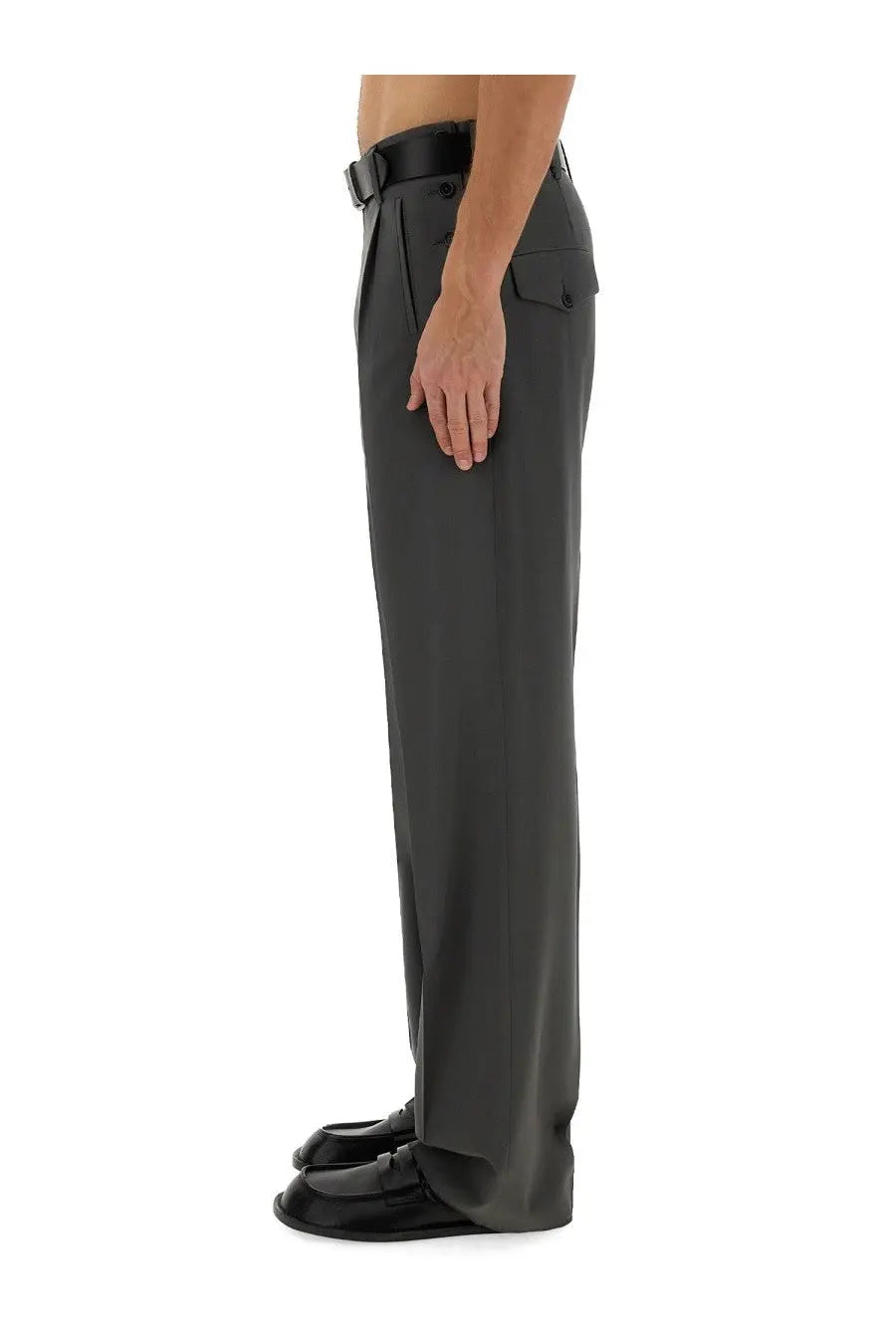 Dark gray Moschino men’s wool pants with a sleek straight-leg cut and subtle pleats at the waistband