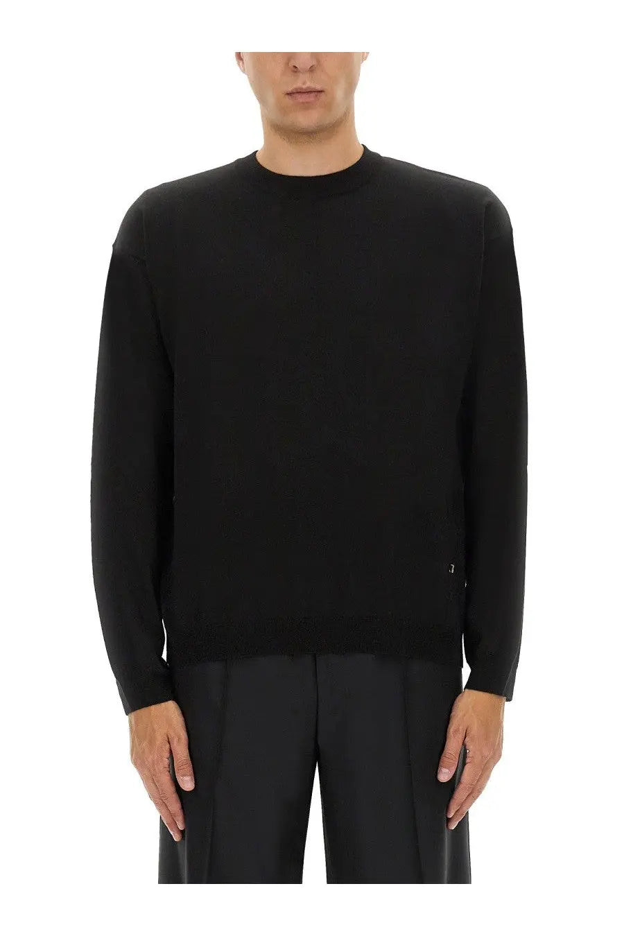 Moschino men’s black crewneck sweater made of wool and silk with a smooth minimalist design and subtle stitching details
