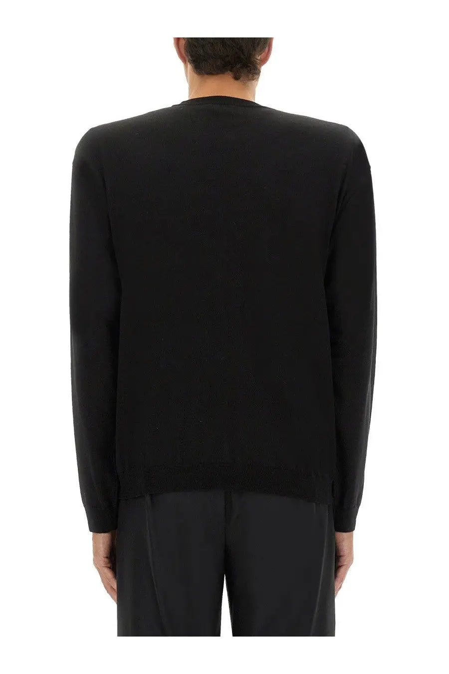 Moschino men’s black crew neck pullover knit sweater made of wool and silk for stylish cold weather wear